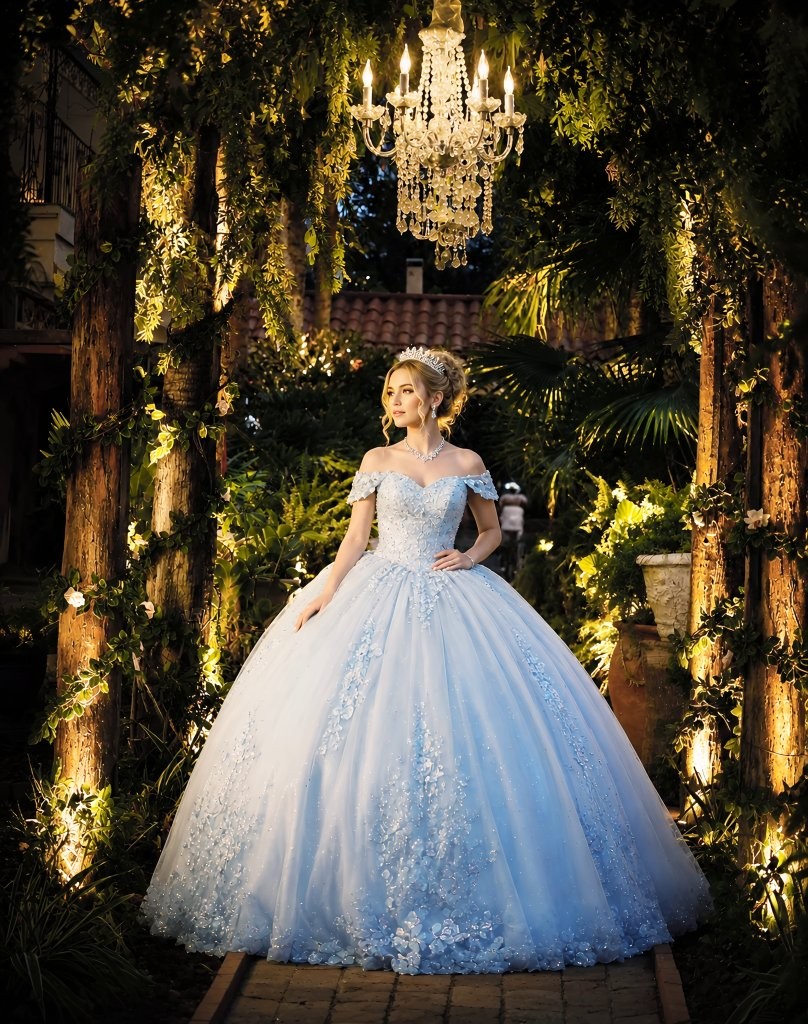 Quinceañera en vestido azul real en salón ornamentado